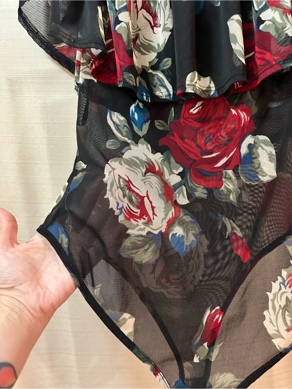 Fashion Nova Floral Mesh Off Shoulder Bodysuit Sheer Ruffle Women’s Size M - Picture 9 of 10
